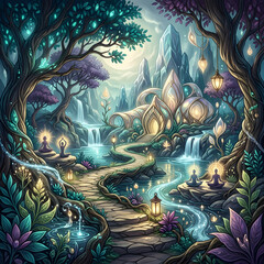 Fototapeta premium Fantasy dragon soaring through enchanted forest scene.