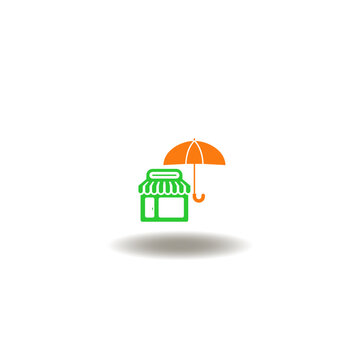 Vector illustration of store and umbrella. Symbol of small business insurance.