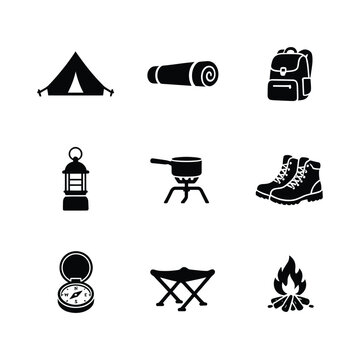 Camping Site Wilderness Survival Outdoor Campfire and Trekking Equipment Icons Set