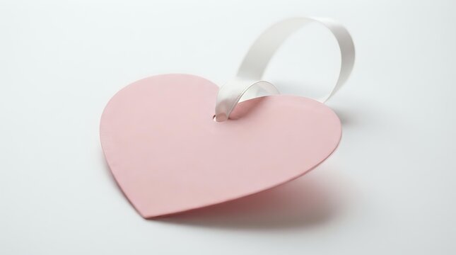 Pink heart-shaped gift tag with white ribbon loop on white background, suitable for Valentine's Day, wedding, and greeting card designs.