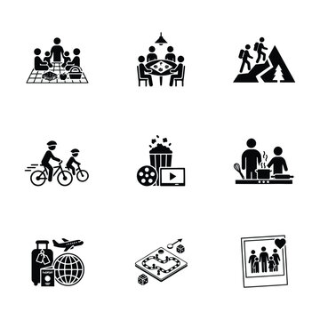 Family Activities Leisure Bonding Recreation and Home Life Entertainment Icons Set