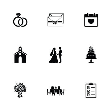 Wedding Ceremony Marriage Bridal Event Decoration and Celebration Party Icons Set