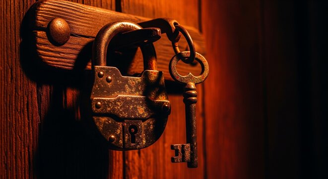 An old rusty metal padlock hanging with its key against a rustic wooden door.