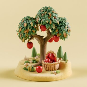 A tiny apple tree stands with red apples hanging. Below is a basket filled with more apples. The scene uses soft clay and warm colors.