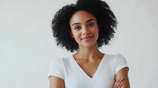 A young woman with curly hair smiling and looking off to the side. She is wearing a white blouse.