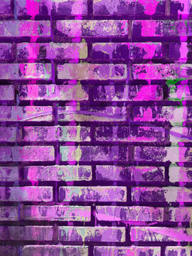 Purple and pink graffiti on weathered brick wall