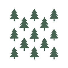 Fototapeta premium A repeating pattern of simple dark green stylized pine tree illustrations on a white background