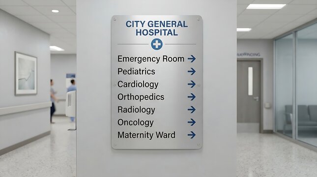 Modern hospital directory sign with department labels. Medical facility wayfinding board in clean indoor setting.