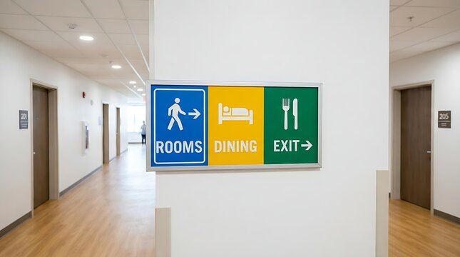 Modern directional signage with room, bathroom, and exit icons. Color-coded wayfinding labels for office or public building.