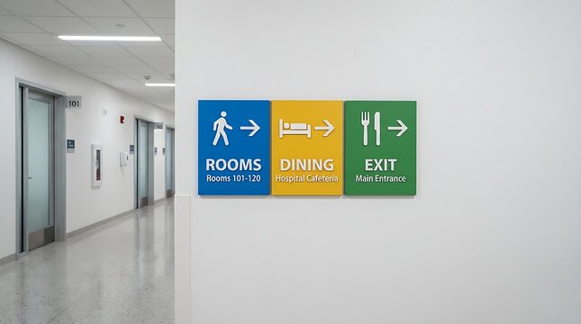 Modern directional signs with restroom, exit, and entrance icons. Color-coded wayfinding symbols for public spaces and facilities.