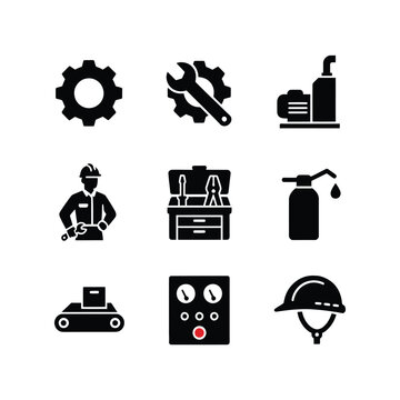 Mechanical Factory Maintenance Engineer Workstation and Industrial Gear Icons Set