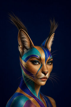 Surreal feline woman portrait with colorful metallic patterns