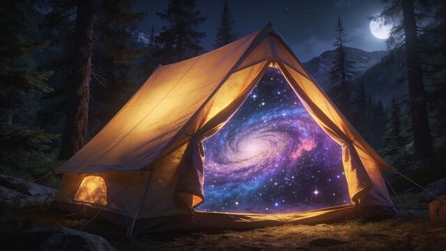 A surreal and cozy night camping scene in a deep alpine forest, featuring a small glowing canvas tent whose open entrance reveals a massive, beautiful swirling galaxy and sparkling stars inside instea