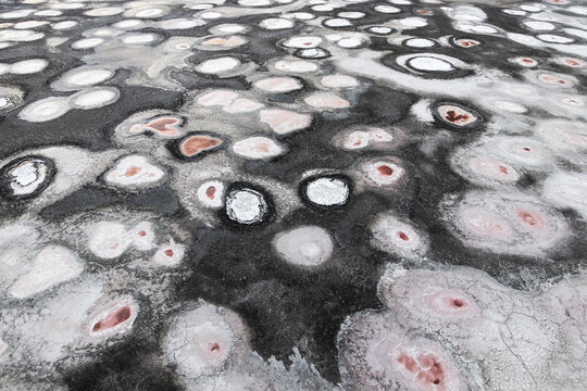 Aerial view of Laguna Espejo dry salt lagoon patterns