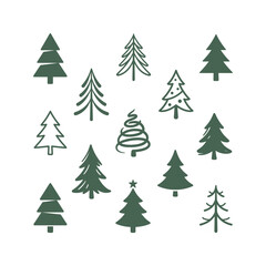 Obraz premium Collection of stylized dark green Christmas tree icons in various designs isolated on a white background