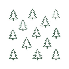 Fototapeta premium Hand-drawn green pine trees pattern on white background for winter holiday design