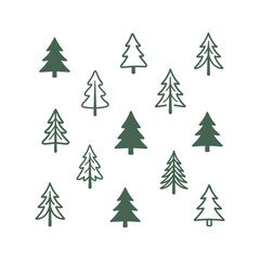 Obraz premium Minimalist green pine tree illustrations and simple outlines in a scattered pattern on a clean white background