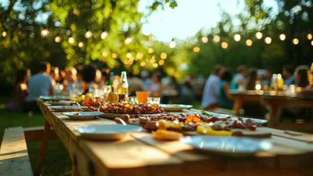 Friendly event with food and people under string lights
