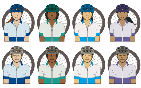 diversity, race, ethnicity of mountain bike cyclist vector icons, male and female, wearing helmet, isolated on a white background