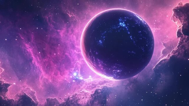 A vibrant purple nebula in space with a distant planet.