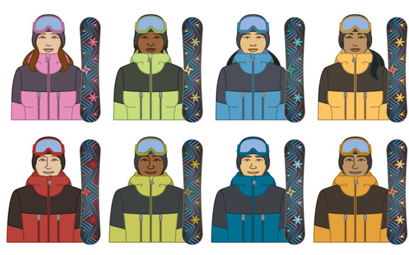 diversity, race, ethnicity of snowboarder vector icons, male and female, wearing winter jacket and goggles, with snowboard, isolated on a white background