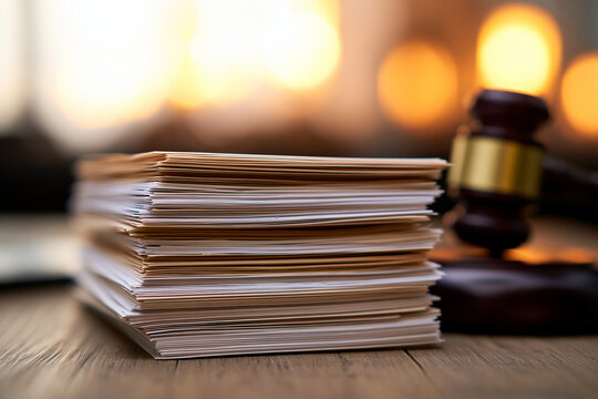 Stack of legal documents with a wooden gavel on a desk. Justice and law concept.