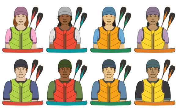 diversity, race, ethnicity of canoeist vector icons, male and female, wearing hat and life jacket, with canoe and single-blade paddle, isolated on a white background