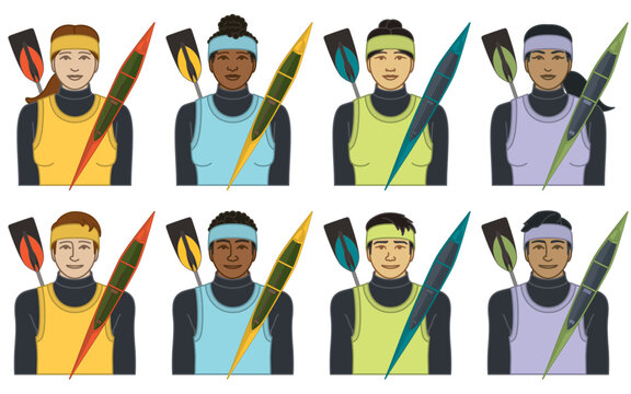 diversity, race, ethnicity of sprint canoeist vector icons, male and female, wearing wetsuit and jersey tank top, open canoe and single-blade paddle, isolated on a white background