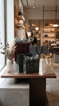 A stylish retail display showcases an assortment of elegant gift bags and decorative reeds, arranged artfully on a wooden table in a chic boutique setting.