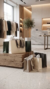 Modern boutique interior with clothing racks and shopping bags, exuding an atmosphere of curated style and exclusive shopping experience.