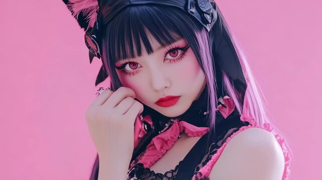 Stylish anime cosplayer in vibrant costume with unique ears and accessories.