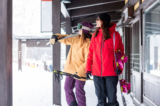 Friends exploring ski resort in japan