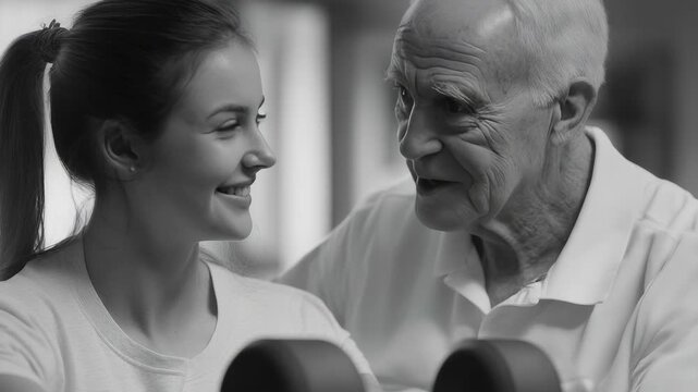 A heartwarming scene of intergenerational interaction at a gym.