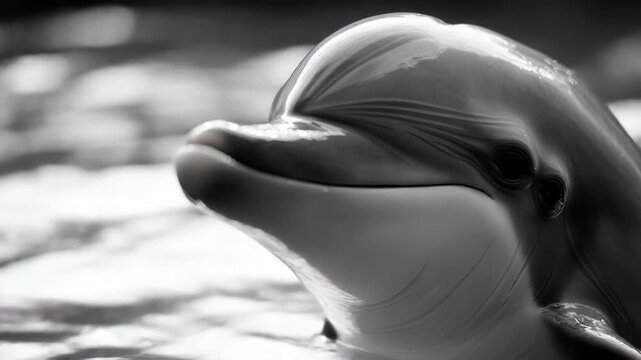 A dolphin swimming with a joyous expression.