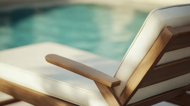 A wooden lounge chair by the pool with a blurred background for privacy. Perfect for a sunny day of relaxation.