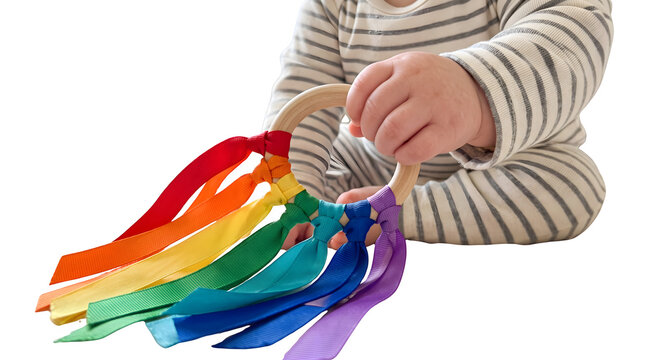 Montessori baby ribbon ring toy, infant holding wooden sensory teether with rainbow ribbons, early childhood development and tactile play
