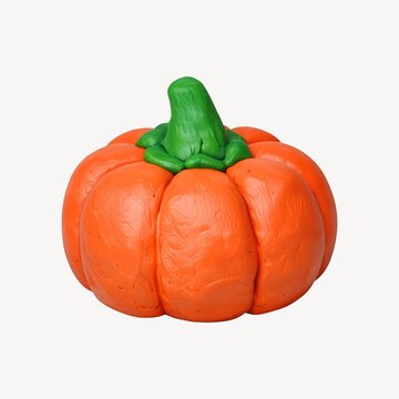 Bright orange pumpkin sculpture with a green stem on a white background.