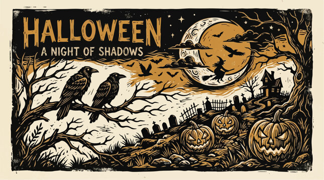 Vintage woodcut Halloween banner vector with ravens, spooky pumpkins, haunted house, and flying witch under a large moon.