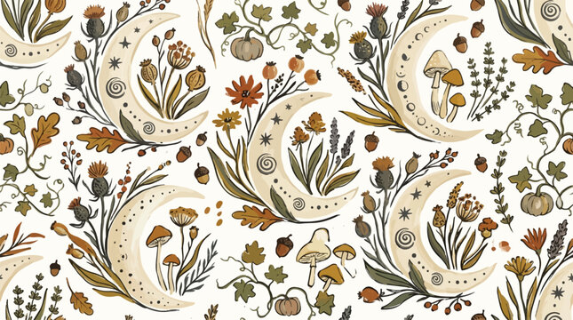 Boho autumn seamless pattern with mystical crescent moons, mushrooms, and fall botanicals on a white background.