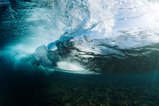 Underwater view of breaking ocean wave with seaweed below