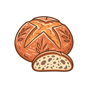 Bread loaf with golden crust and a single sliced piece showcases artisan textures and wheat details in a colorful vector style isolated against a clean background.
