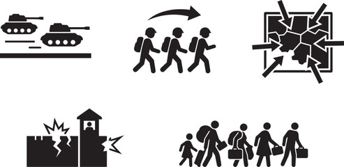 Obraz premium War and refugee crisis icon set with tanks, evacuation, attack, destruction and displaced people