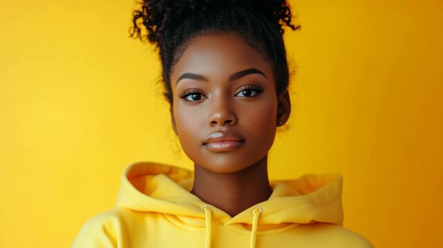 Young woman gazes directly at camera. She wears a yellow hoodie against a solid yellow background. Her hair is styled in a high, textured updo. Her expression is calm and neutral