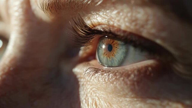 A person's right eye in focus with light reflecting off it.