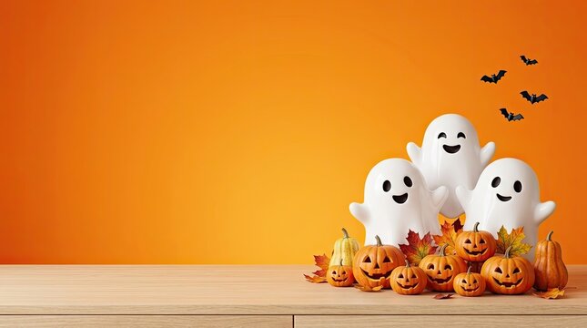 Three cute white halloween ghost figures sitting on a pile of small orange pumpkins against a bright orange background