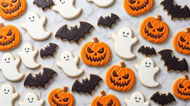 Top view of delicious halloween ghost cookies with pumpkin and bat shapes arranged on a light grey textured background