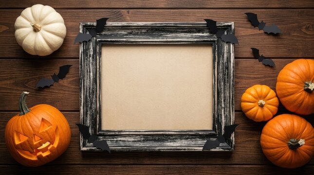Rustic wooden frame with pumpkins and a spooky halloween ghost decoration on a dark vintage wooden background for seasonal festive design