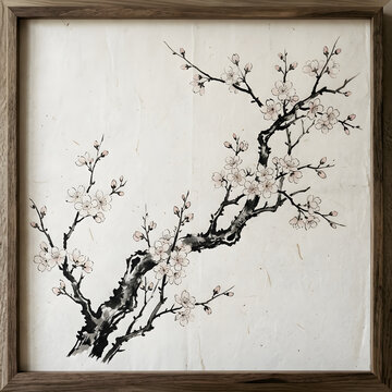 Black and white ink artwork of a blooming tree branch.