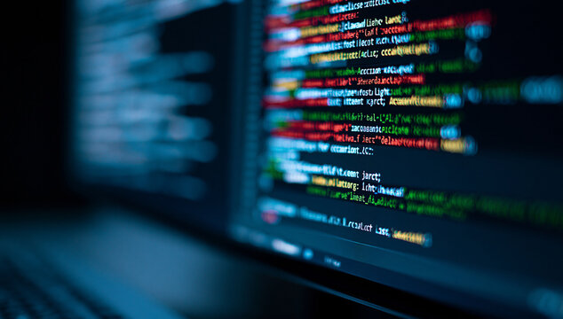 Computer monitor displaying colorful programming code in a dark office. Perfect for software development and.