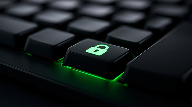 A close up view of a glowing green padlock symbol on a computer keyboard, representing secure connection and IT.